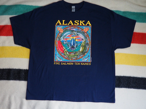 Gildan Ray Troll Alaska PNW Salmon Cycle Nature Art Fish Blue Tee T-Shirt 3XL - Picture 1 of 5