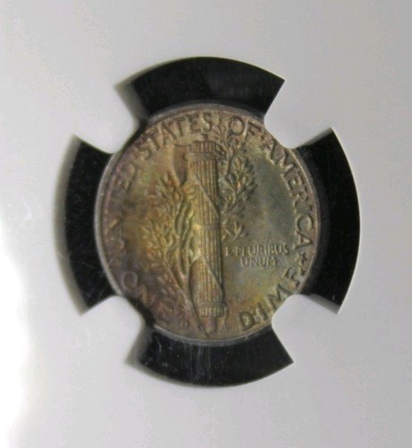 Pièce de 10c 1945 D NGC MS64 FB bandes complètes couleur arc-en-ciel ton argent mercure dime - Photo 8 sur 8