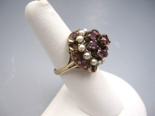 Victorian 14K Yellow Gold Ruby & Pearl Princess Dome Cocktail Ring Size 6.25 - Picture 3 of 15