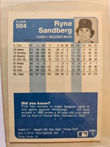 1984 FLEER RYNE SANDBERG #504 NM COMBINED SHIPPING - Picture 2 of 2