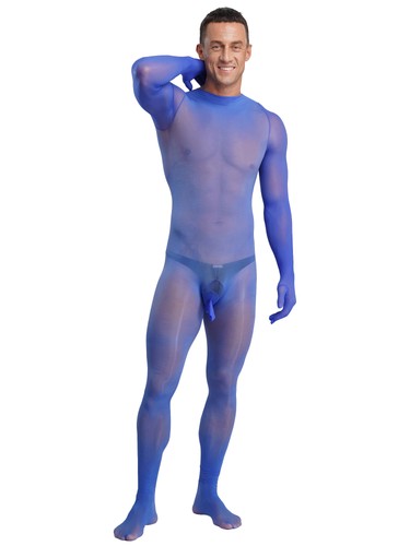 Men Unitard Glossy Bodysuit Sissy Jumpsuit Opening Sheath Bodystocking Opaque - Picture 72 of 128