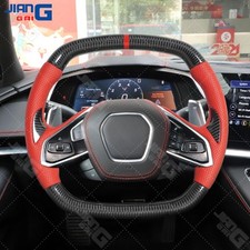 Real Carbon Fiber Red Leather Steering Wheel Fits Corvette C8 20-25 With Heated