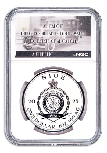Moneda de plata Al Capone 2025 de 1 oz con mantel auténtico NGC PF70 prueba de revoluciones - Imagen 2 de 2