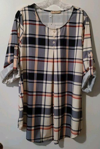 Cestyle Sz Large Unique Peach/Navy Plaid Tunic Blouse L/S Or Roll Tab NWT - Picture 3 of 13