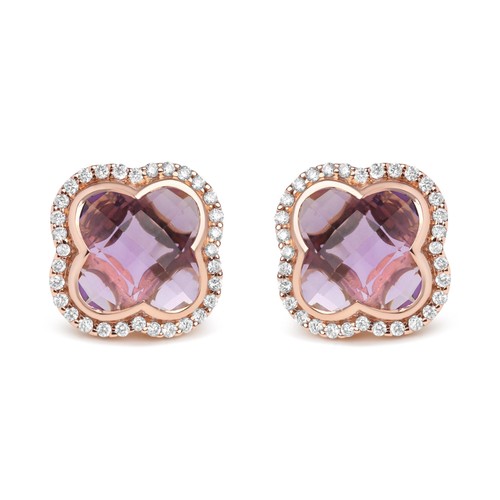 18K Rose Gold 3/8 Cttw Diamond Clover Purple Amethyst Gemstone Stud Earrings - Picture 1 of 6