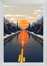 Futuristic Road to City at Sunset Framed Wall Art Poster Canvas Print Picture