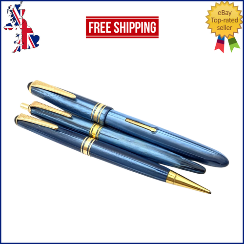 VINTAGE ONOTO NO 11 FOUNTAIN PEN TRIPLE SET IN BLUE SWIRL FIRM 14K MEDIUM NIB
