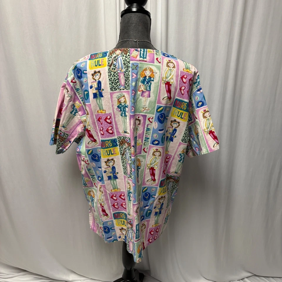 White Swan Scrub Top Womens Size XL Nurses Rule Cartoon Short Sleeve V-Neck - Image 4 of 4