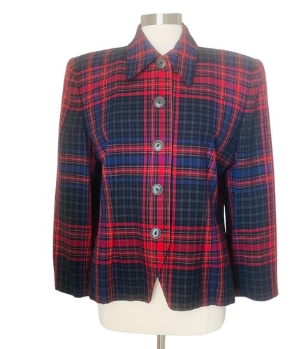 Linda Allard Ellen Tracy Vintage Wool Plaid Blazer Jacket Size 14 TINY FLAW
