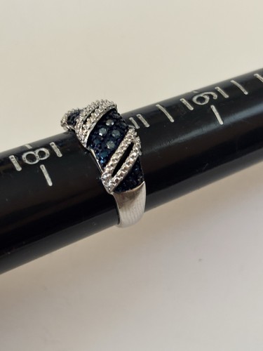 925 Sterling Silver Round Cut Blue Natural Diamond & Illusion Bypass Band Ring - Picture 5 of 10
