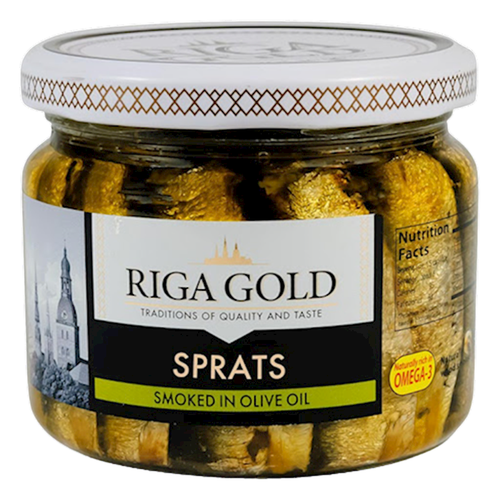 Smoked SPRATS in Olive Oil GLASS RIGA GOLD 270gr Made in LATVIA