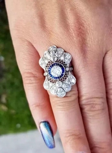 Art Deco Style Round Lab Created Diamond Engagement 14K White Gold Plated Ring - Picture 5 of 9