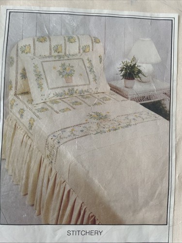 Lady Pepperell No-Iron Twin Flat Sheet Stitchery Design 39x75 In Finished 66x96 - Picture 7 of 8