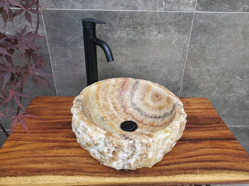 Tan White and Brown Round Onyx Bathroom Vessel Sink, 15 inch Neutral Tan Sink - Picture 3 of 11