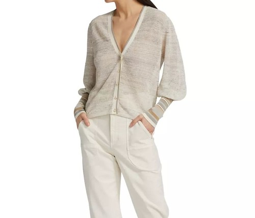 Veronica Beard Mott Linen Cardigan Beige Gray XS Designer Contrast Trim Ribbed - Picture 4 of 17