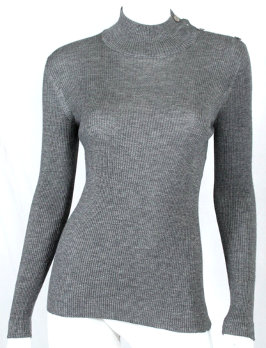 CHANEL Charcoal Gray Ribbed Cashmere Blend Knit Mock Neck Sweater 40