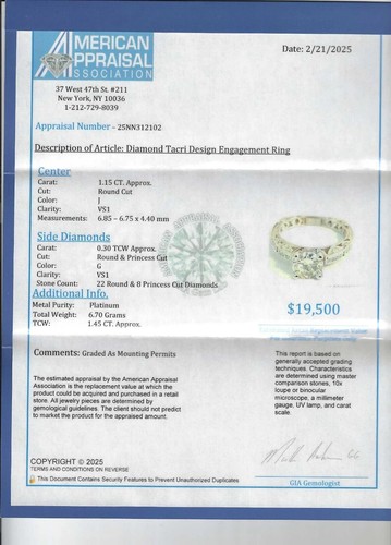 Tacori Design Platinum Diamond Engagement Ring Center=1.10 J-VS1 Value=$19,500 - Picture 14 of 14