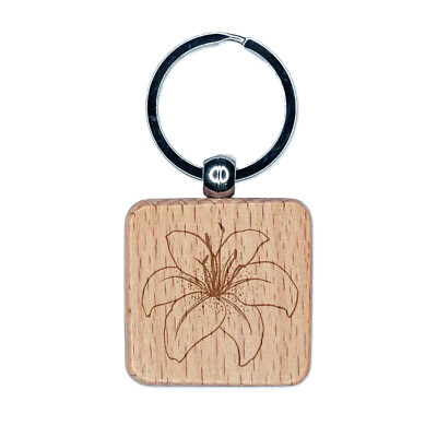 Tiger Lily Flower Engraved Wood Square Keychain Tag Charm