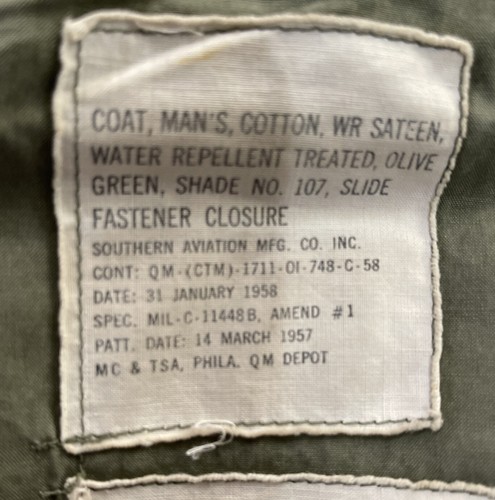 Chaqueta de Ejército 1958 WR Sateen Verde Oliva 107 Repelente de Aviación del Sur - Imagen 4 de 6