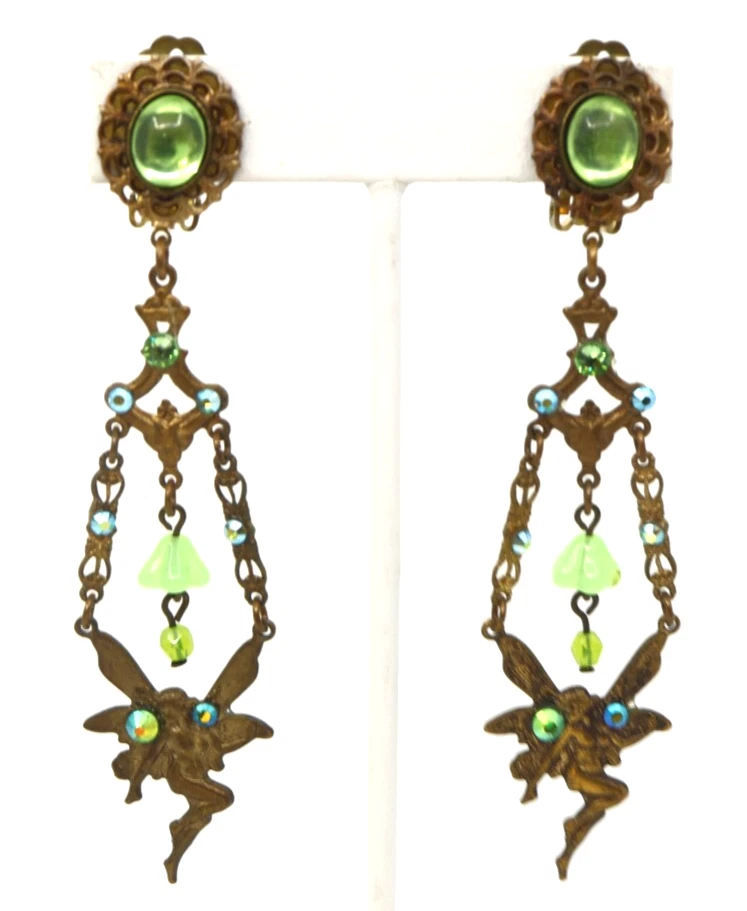 Pendientes Clip Latón 4" Largo Cristal Verde Lima Hada Fantasía Estilo Victoriano 4" Foto 3 de 4