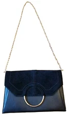 Moda Luxe Leather& Suede Evening Clutch/ Sholder Bag Black Gold Chain Vtg