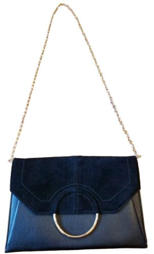 Moda Luxe Leather& Suede Evening Clutch/ Sholder Bag Black. Gold Chain Vtg