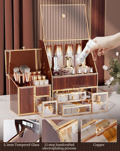 Tempered Glass Makeup Organizer Countertop - Multi-Functional 3-In-1 Cosmetic Or - Picture 5 of 12