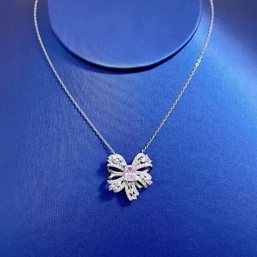 2Ct Radiant Cut Lab Created Pink Sapphire Bow Knot Pendant 14K White Gold Plated - Picture 3 of 6