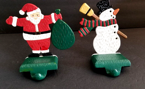 Set of 2 Stocking Hanger Holder Painted Metal Cast Iron Santa Claus and Snowman - Picture 2 of 17