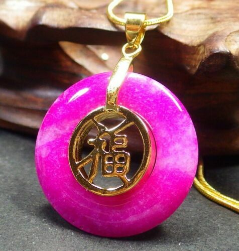 Real Pink Lavender Jade Circle Blessing Fortune 18KGP Fu Pendant Chain Necklace - Picture 10 of 14