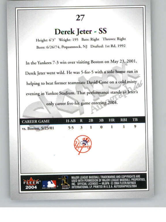 2004 SkyBox Autographics #27 Derek Jeter (ref 145733) - Image 2 of 2