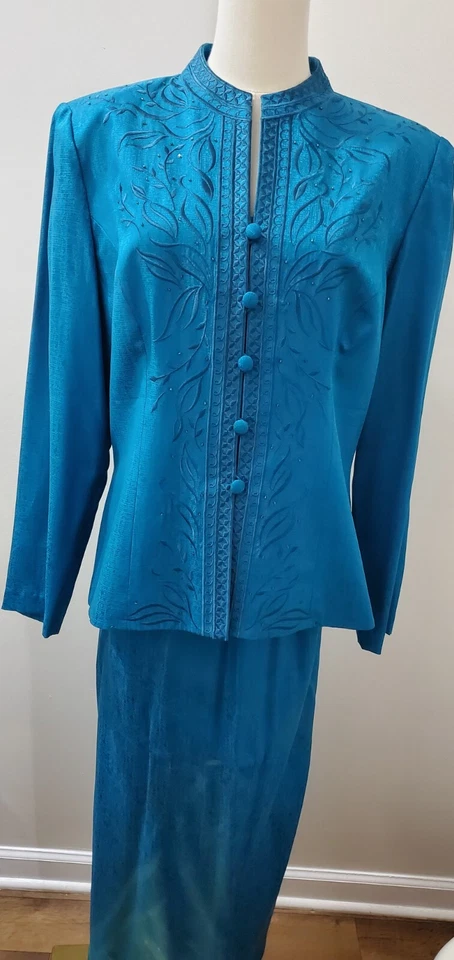 Impresionante Adrianna Papell Talla 12 Verde Azulado 100% Seda Chaqueta Falda Traje 2 Piezas Foto 4 de 4