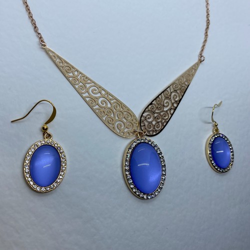 JUEGO DE COLLAR DE FILIGRANA ESTILO KLIMT VIDRIO AZUL PÚRPURA Y DIAMANTE ENCHAPADO EN ORO ROSA - Imagen 4 de 9