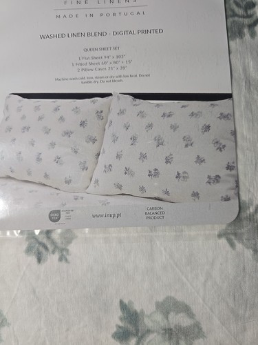 INUP Home Queen Sheet Set Washed Linen Blend Farmhouse Floral Bouquet Ivory Gray - Picture 4 of 5