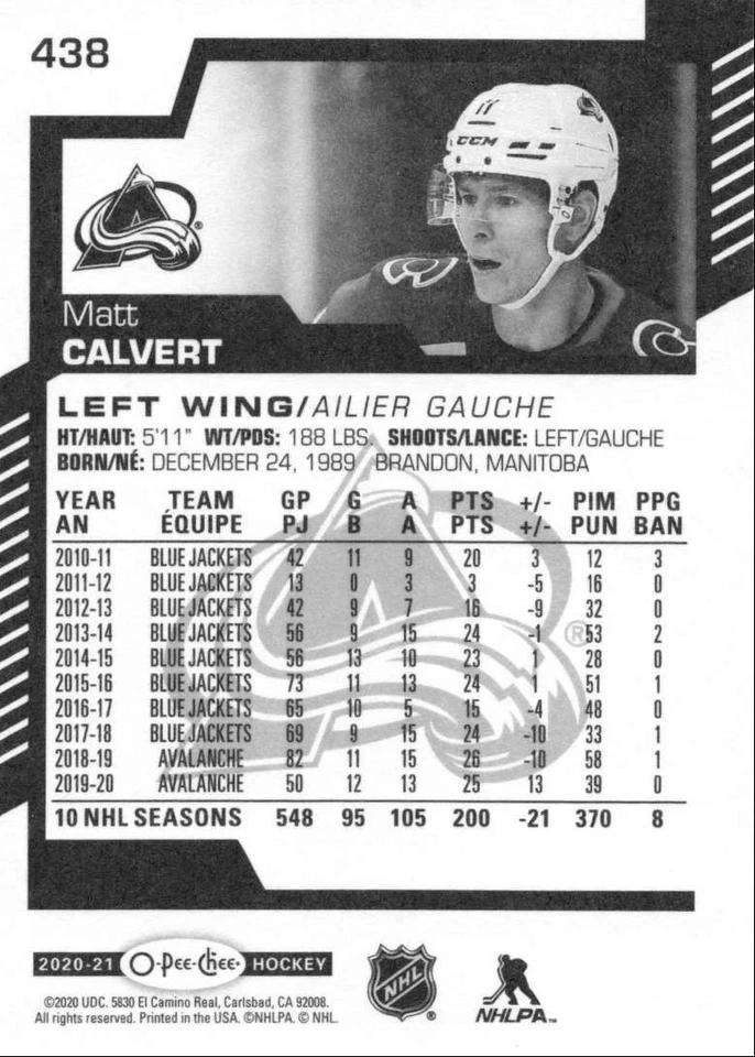 2020-21 O-Pee-Chee Matt Calvert Colorado Avalanche #438 - Image 2 of 2