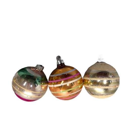 Vintage Shiny Brite Striped Glass Christmas Ornaments Set 3 Lot Pink Gold Silver