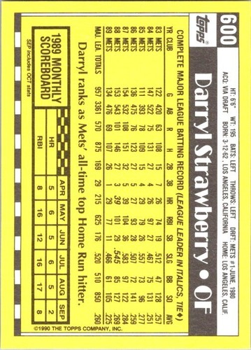 Darryl Strawberry #600 Topps 1990 edición Tiffany - ¡Envío gratuito! - Imagen 2 de 2