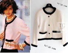 CHANEL 90S Vintage Iovry Black Braid Trim CC Ball Buttons Tweed Jacket 44 46