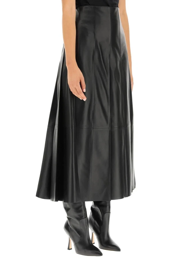 Women's Lambskin Leather Flare Skirt Long Maxi Black Lined Zipper Closure - Image 3 of 4