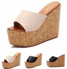 Women Shoes Cork Wedge High Heel Platform Slide Sandals Mules Slipper Summer D