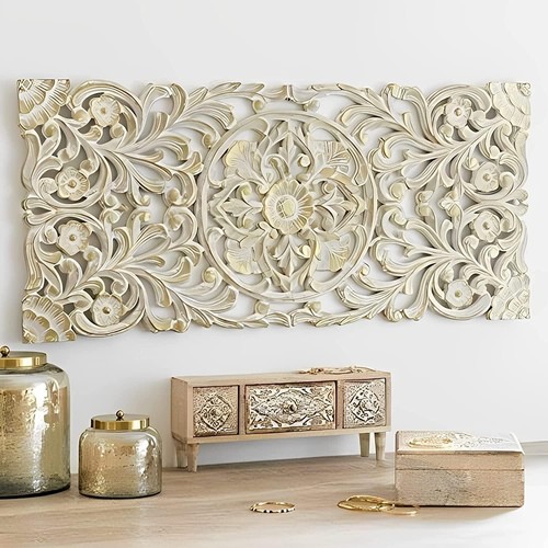Wood Floral Wall Panel Hand Carved Frame Plaque Decor Art Living Room - Picture 3 of 3