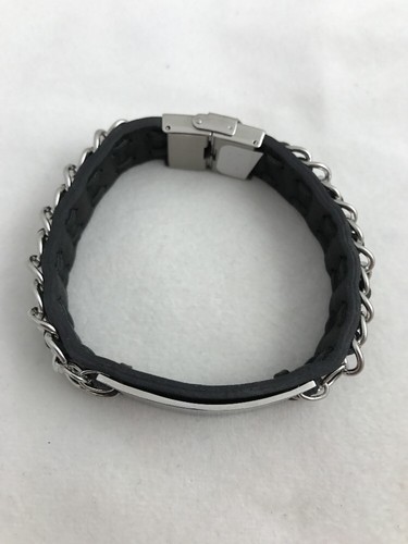 Bracciale in acciaio inox con catena in pelle nera ID 1/2" x 8" - Foto 4 di 12
