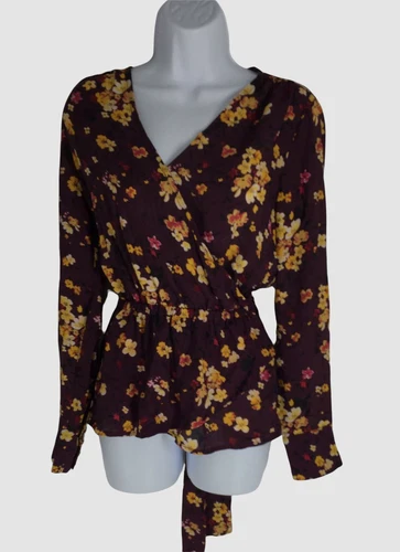 $69 Gibson Women's Purple Long Sleeve V-Neck Floral Tie Waist Top Size Small