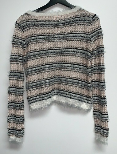 Aeropostale Bethany Mota Womens Fuzzy Knit Sweater Size M Pink Black Gray Stripe - Picture 3 of 5