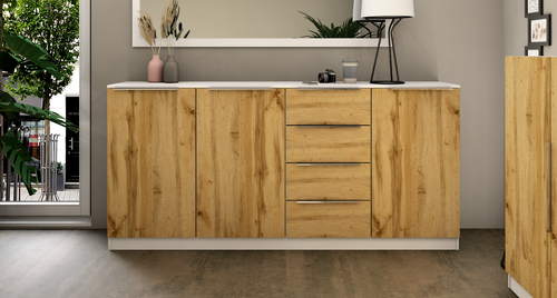 Highboard 200cm Weiß Hochglanz Kommode Schrank Anrichte Metallgriffe OLIVA - Bild 28 von 40