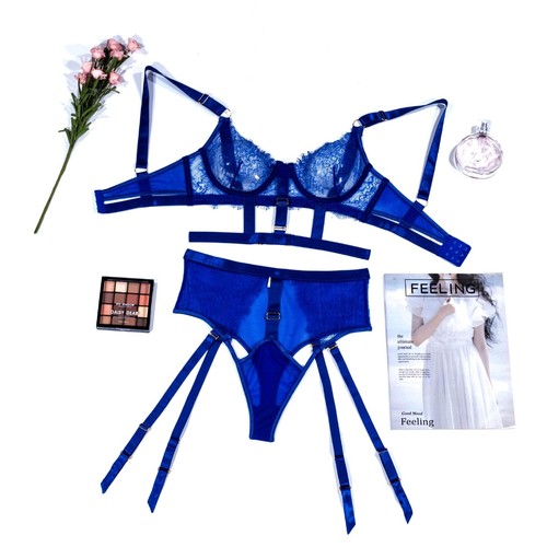 Women Sexy Eyelash Lingerie Babydoll Underwire Bra Panty Set with Garter Belt - Picture 6 of 29