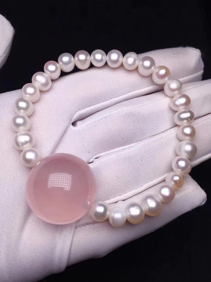 Pulsera de cuentas redondas de perlas de Madagascar de cristal de cuarzo rosa natural genuino AAAA Foto 3 de 4