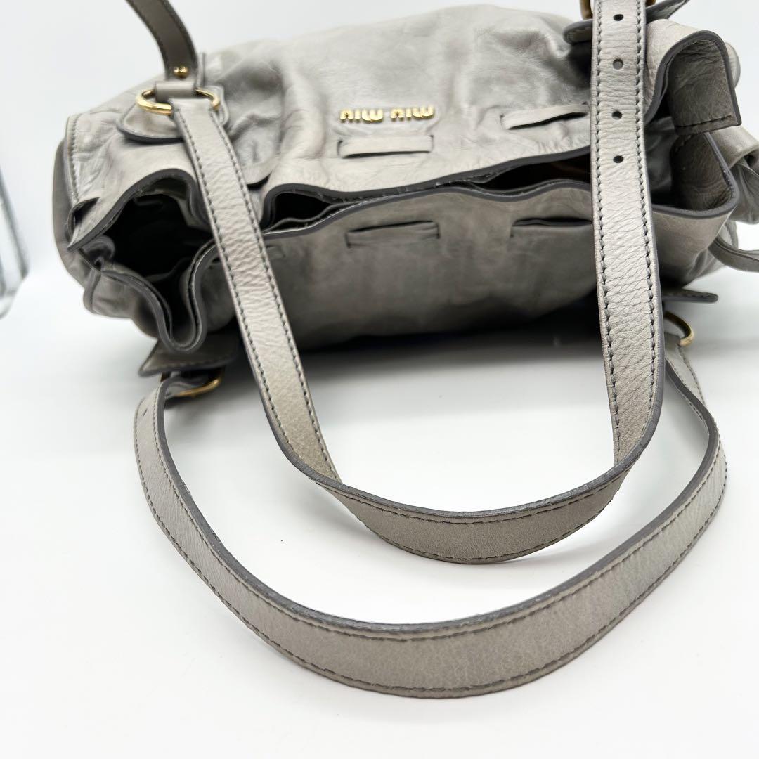 MIU MIU Side Ribbon Belt Tote Bag Shoulder Gray Leather