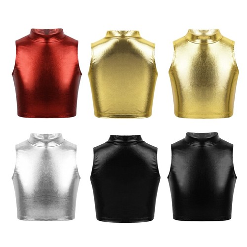 Girls Metallic Mock Neck Crop Tops Dance Sports Active Tank Top Vest Dancewear - Bild 2 von 52