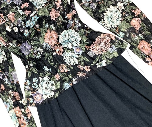 Vintage 70er Roe Frocks Spitzenkleid Schößchen Blumenmuster Midi lang schwarz Retro - Bild 2 von 6